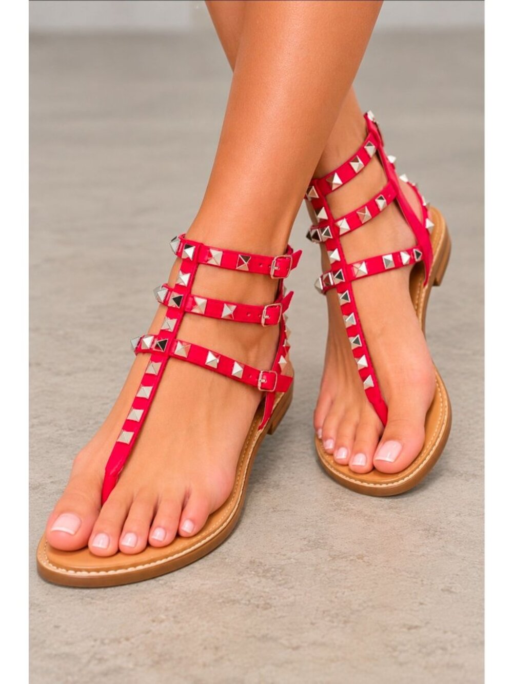 Studded Red Strappy Gladiator Sandals With Back Zipper Closure Open Toe Design F